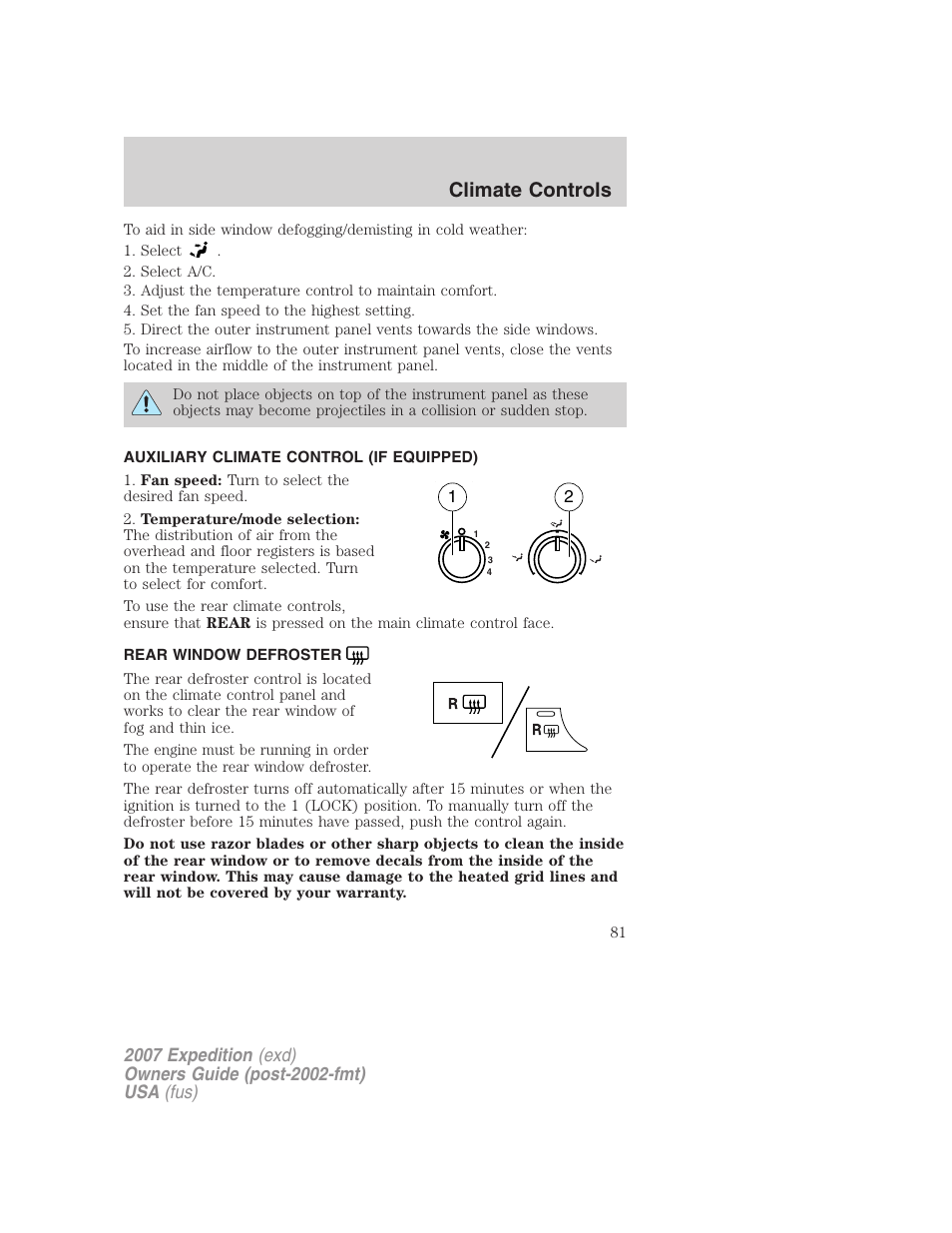 Auxiliary climate control (if equipped), Rear window defroster, Climate controls | FORD 2007 Expedition v.2 User Manual | Page 81 / 376
