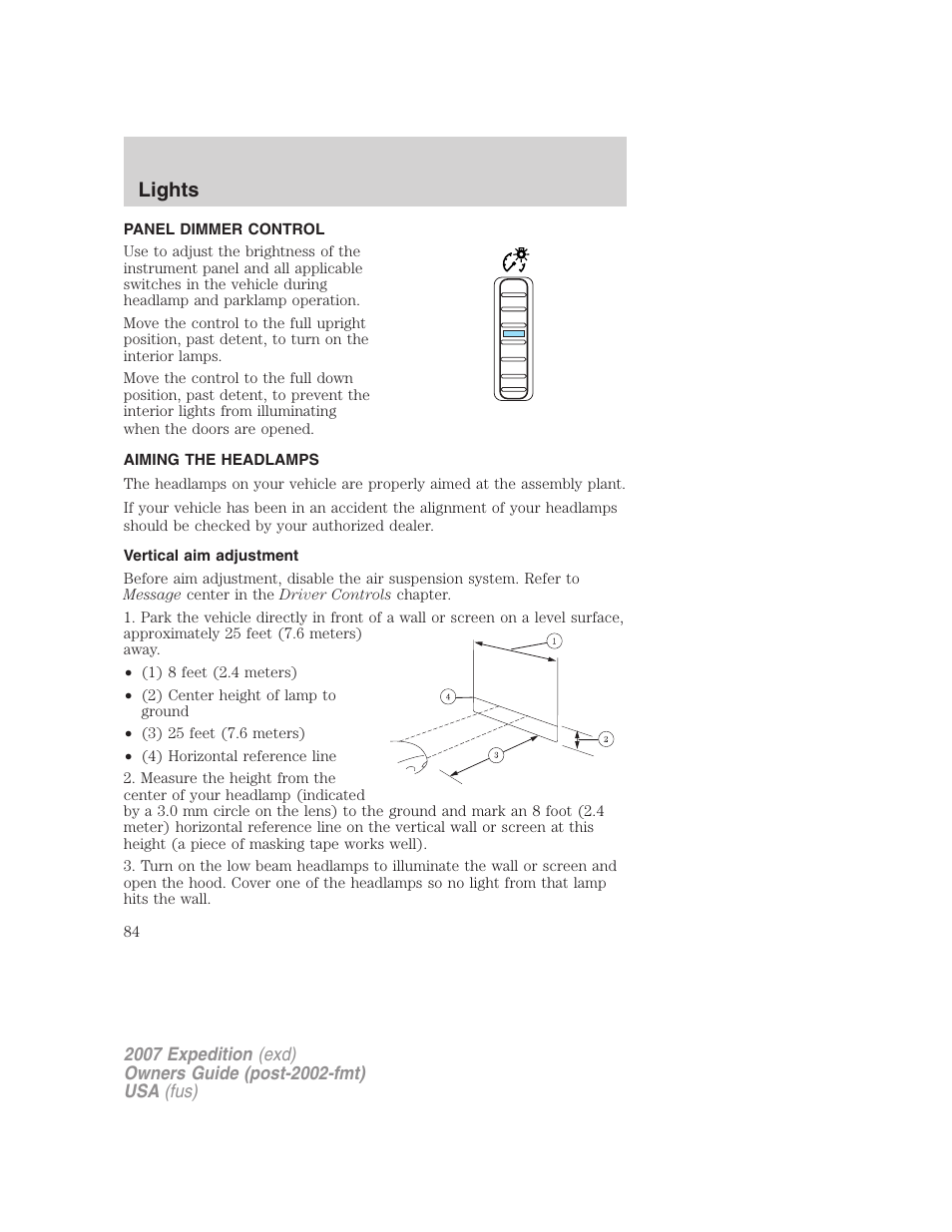 Panel dimmer control, Aiming the headlamps, Vertical aim adjustment | Lights | FORD 2007 Expedition v.2 User Manual | Page 84 / 376
