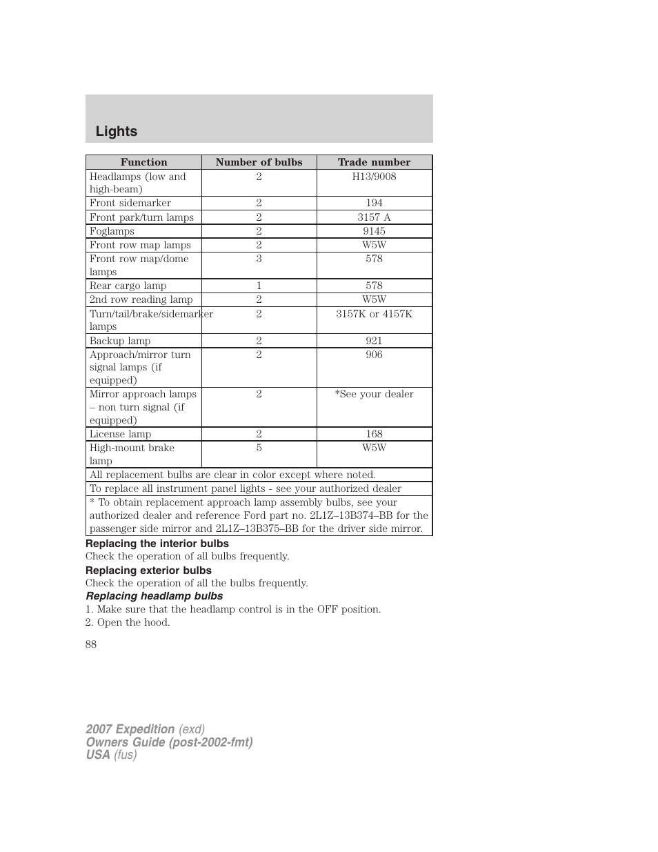 Replacing the interior bulbs, Replacing exterior bulbs, Replacing headlamp bulbs | Lights | FORD 2007 Expedition v.2 User Manual | Page 88 / 376