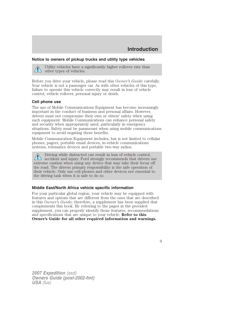 Cell phone use, Introduction | FORD 2007 Expedition v.2 User Manual | Page 9 / 376