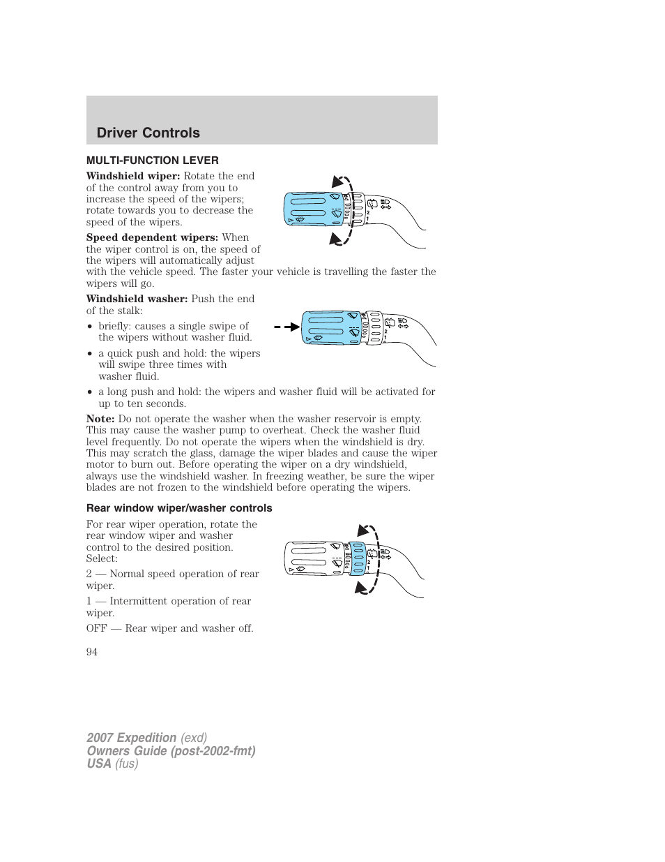 Driver controls, Multi-function lever, Rear window wiper/washer controls | Windshield wiper/washer control | FORD 2007 Expedition v.2 User Manual | Page 94 / 376