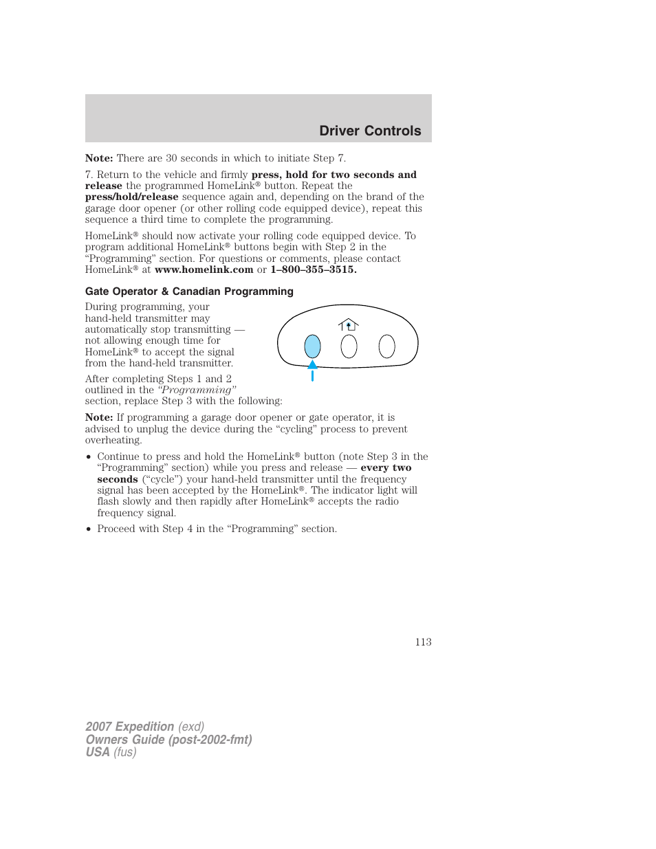 Gate operator & canadian programming, Driver controls | FORD 2007 Expedition v.3 User Manual | Page 113 / 376