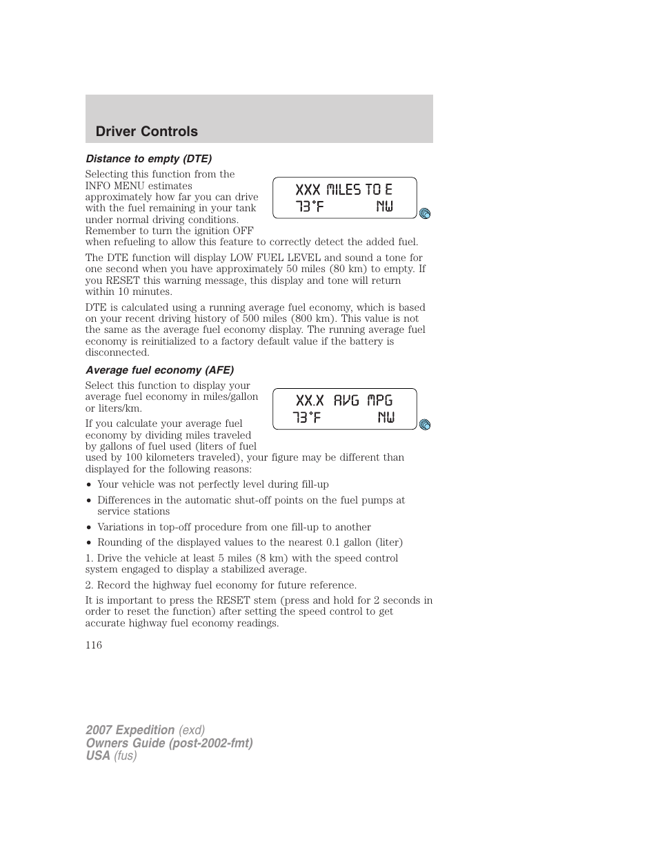 Distance to empty (dte), Average fuel economy (afe), Driver controls | FORD 2007 Expedition v.3 User Manual | Page 116 / 376