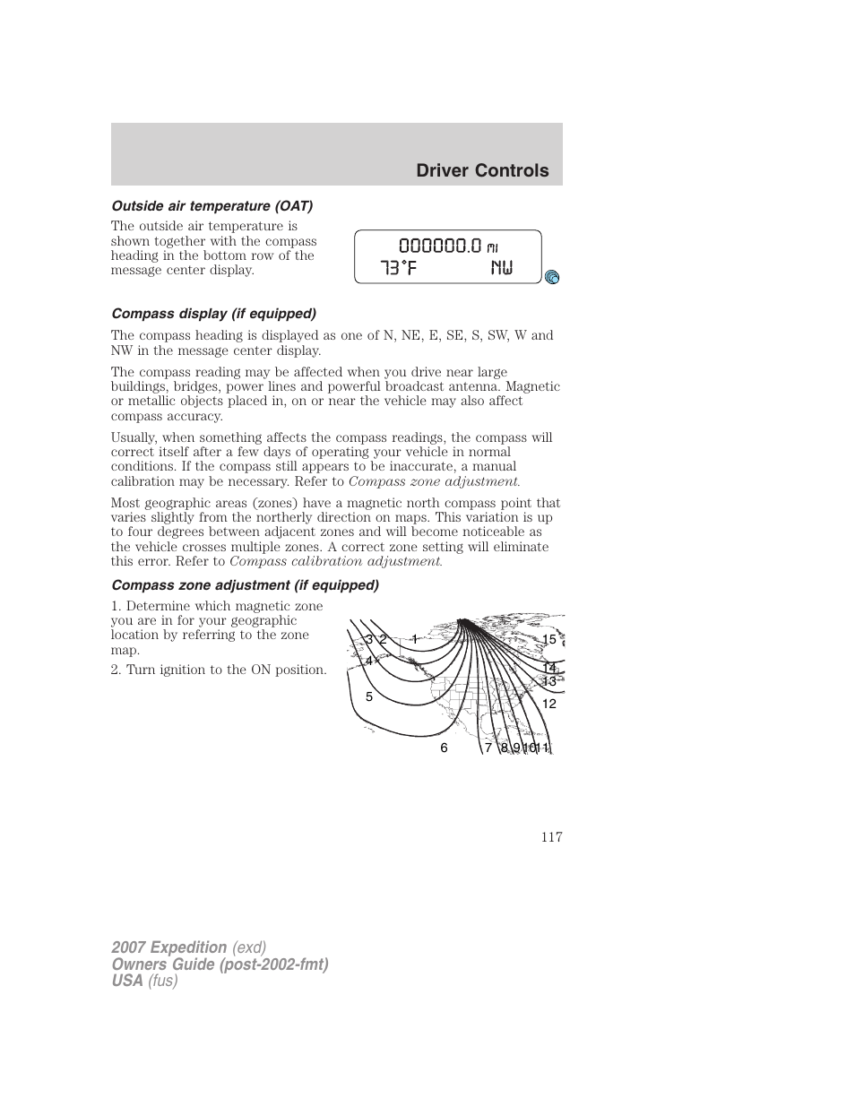 Outside air temperature (oat), Compass display (if equipped), Compass zone adjustment (if equipped) | Driver controls | FORD 2007 Expedition v.3 User Manual | Page 117 / 376