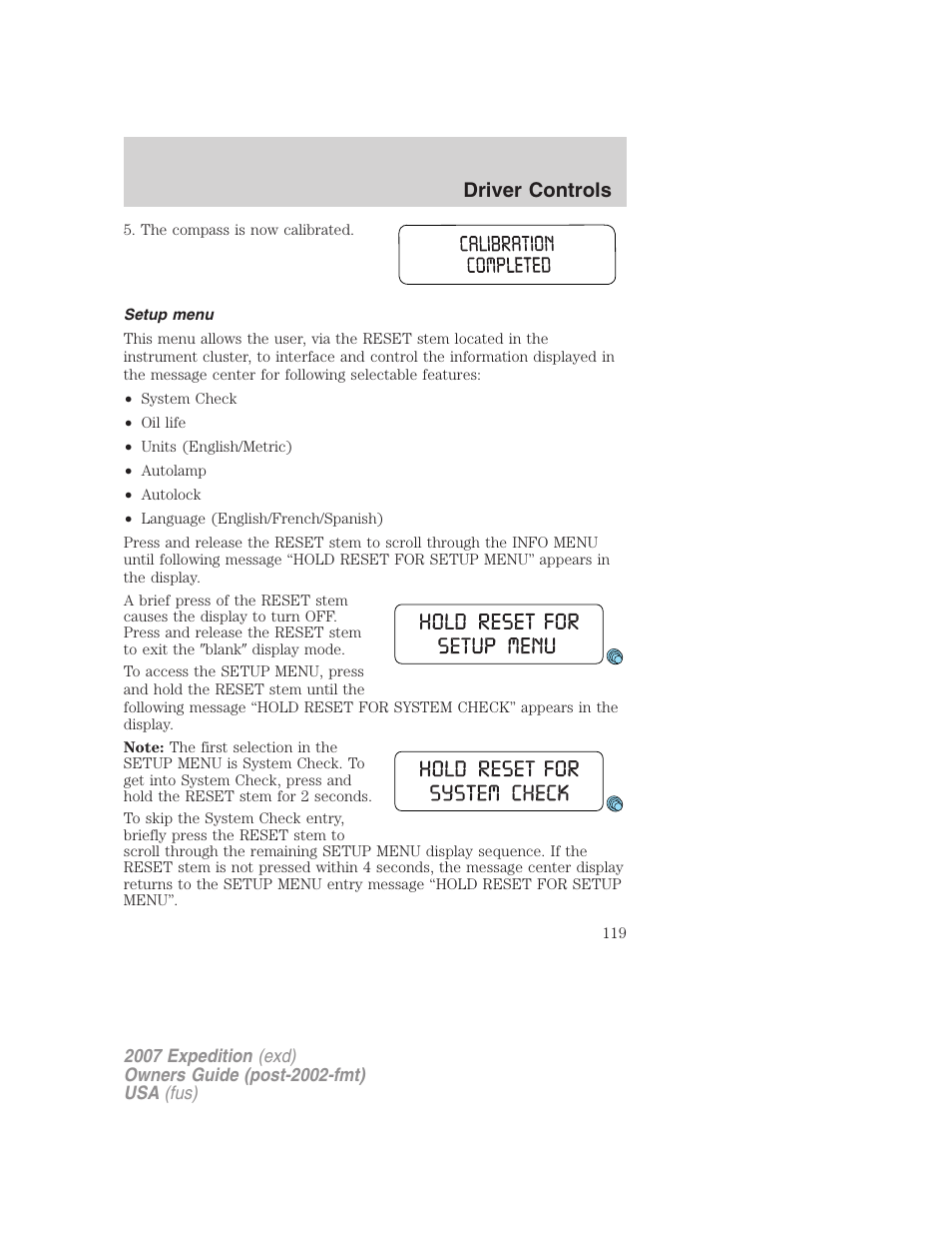 Setup menu, Driver controls | FORD 2007 Expedition v.3 User Manual | Page 119 / 376