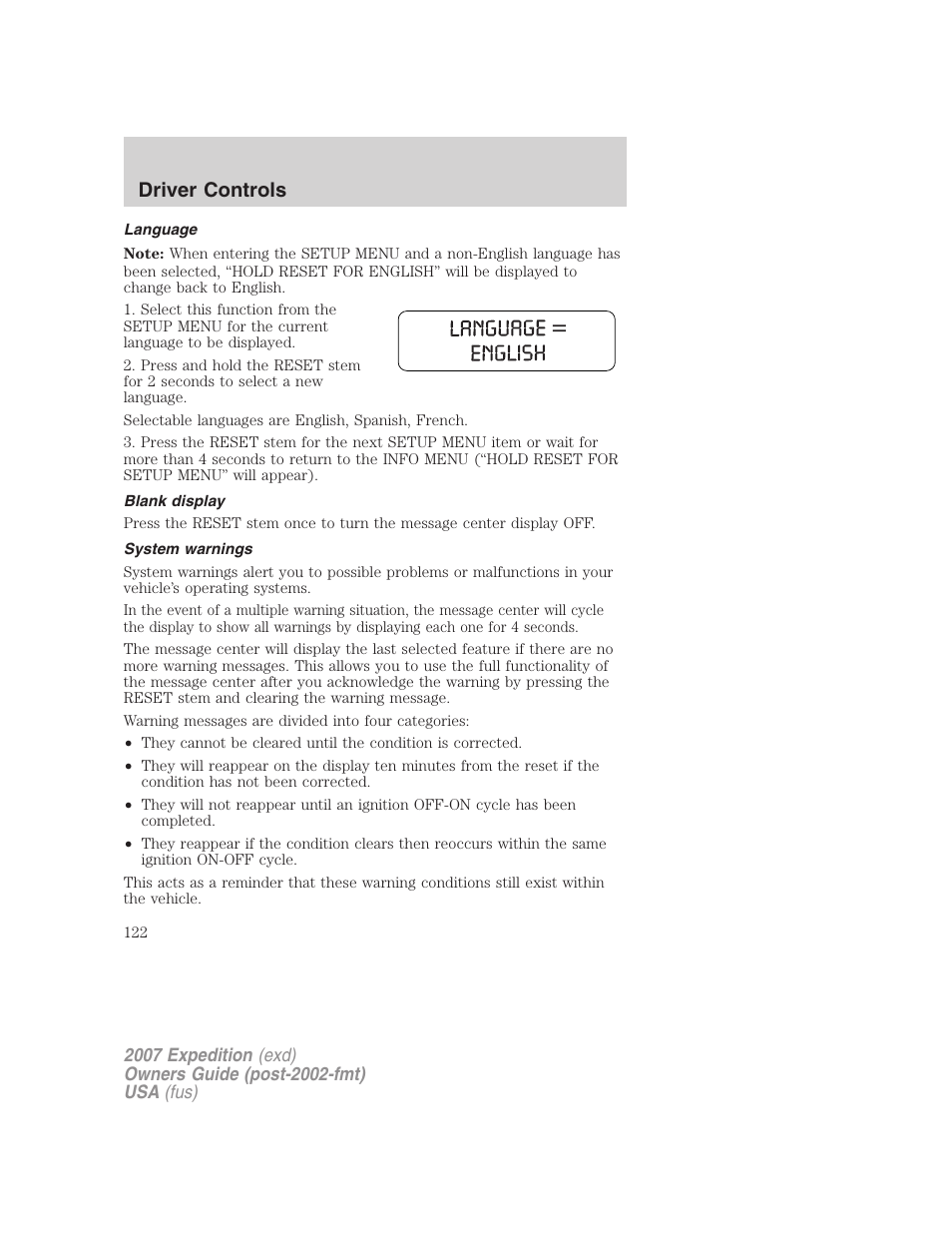 Language, Blank display, System warnings | Driver controls | FORD 2007 Expedition v.3 User Manual | Page 122 / 376