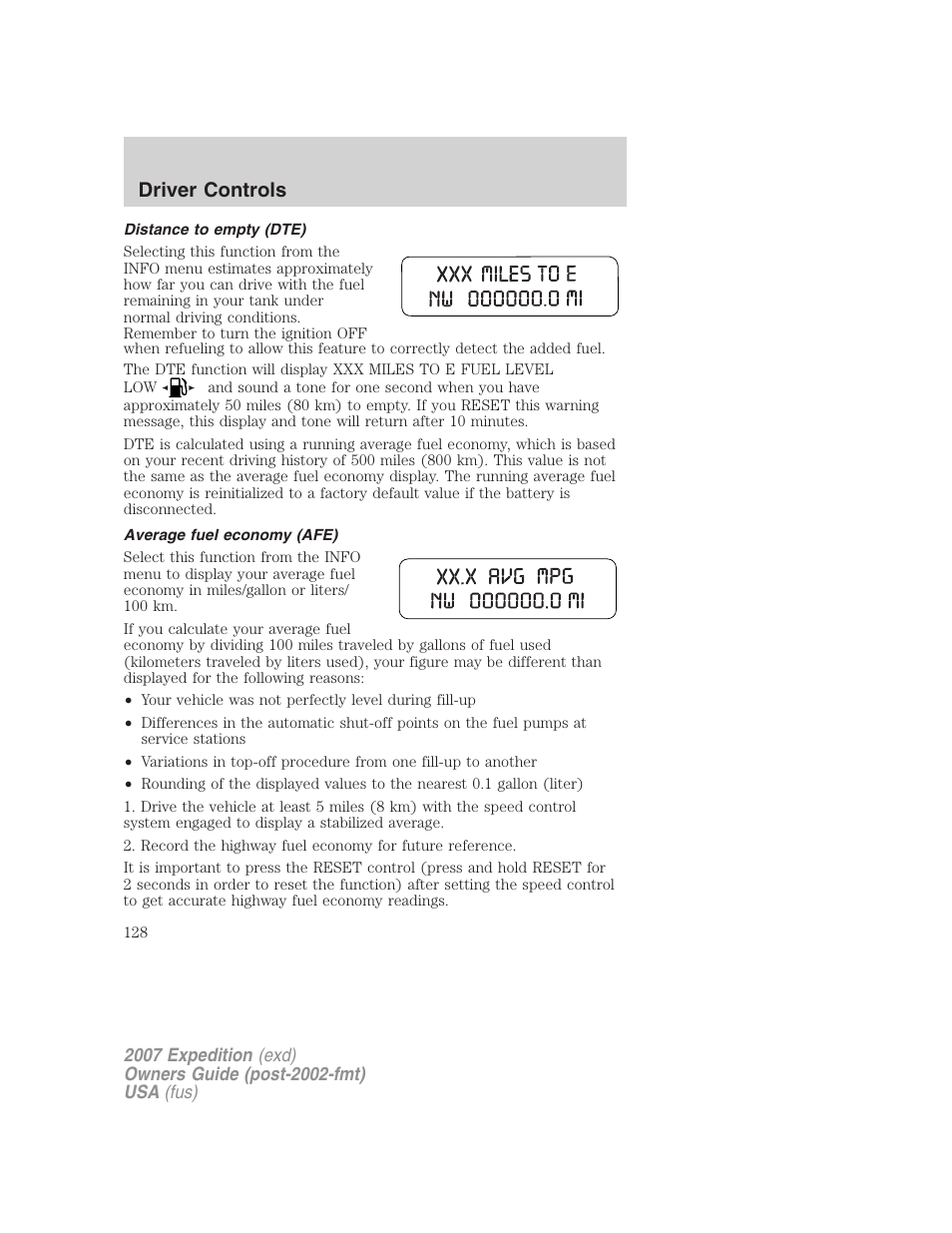 Distance to empty (dte), Average fuel economy (afe), Driver controls | FORD 2007 Expedition v.3 User Manual | Page 128 / 376