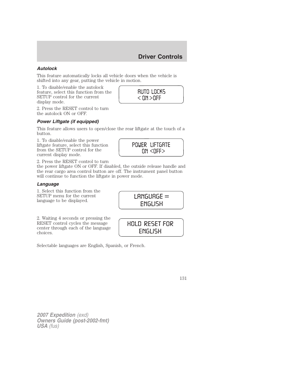 Autolock, Power liftgate (if equipped), Language | Driver controls | FORD 2007 Expedition v.3 User Manual | Page 131 / 376