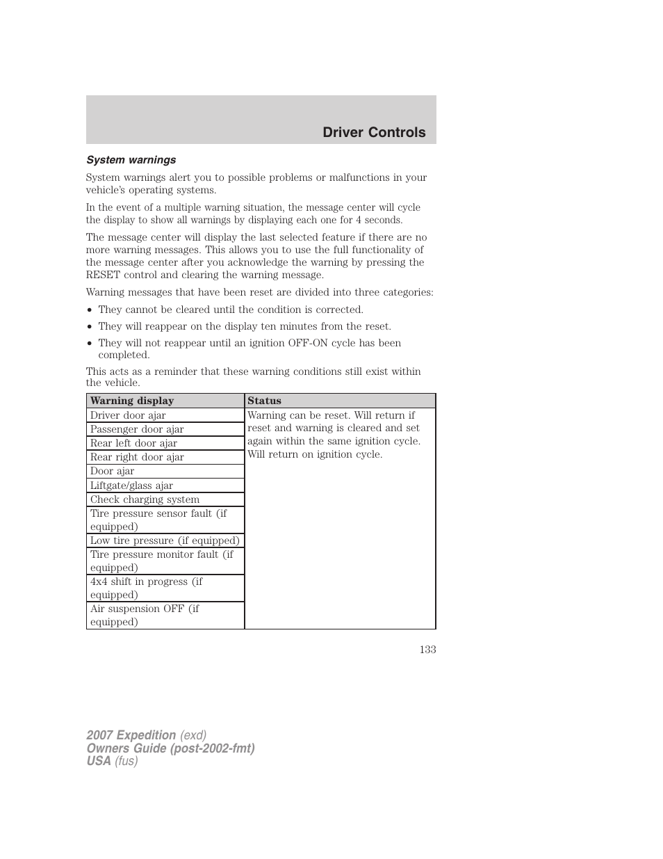 System warnings, Driver controls | FORD 2007 Expedition v.3 User Manual | Page 133 / 376