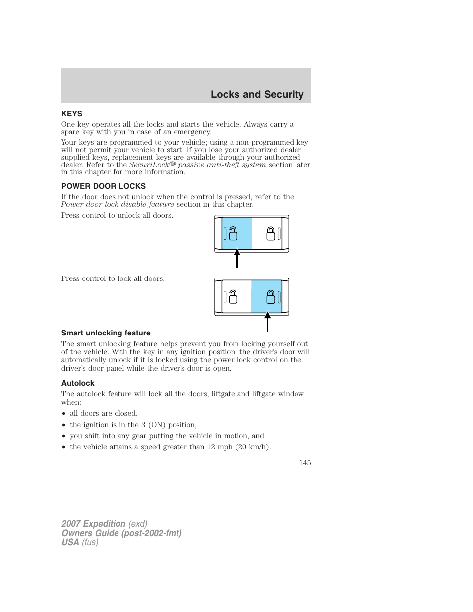 Locks and security, Keys, Power door locks | Smart unlocking feature, Autolock, Locks | FORD 2007 Expedition v.3 User Manual | Page 145 / 376