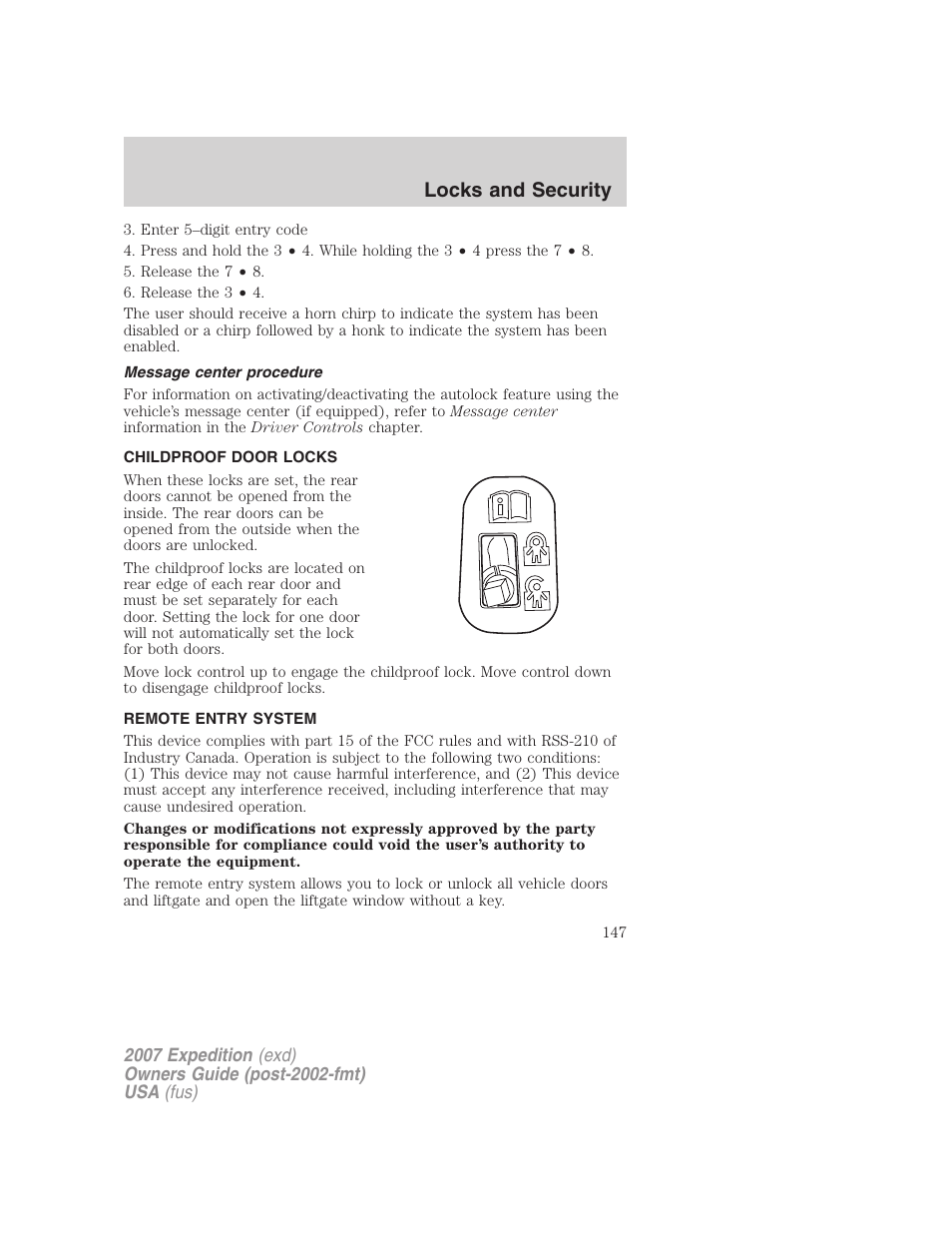 Message center procedure, Childproof door locks, Remote entry system | Locks and security | FORD 2007 Expedition v.3 User Manual | Page 147 / 376