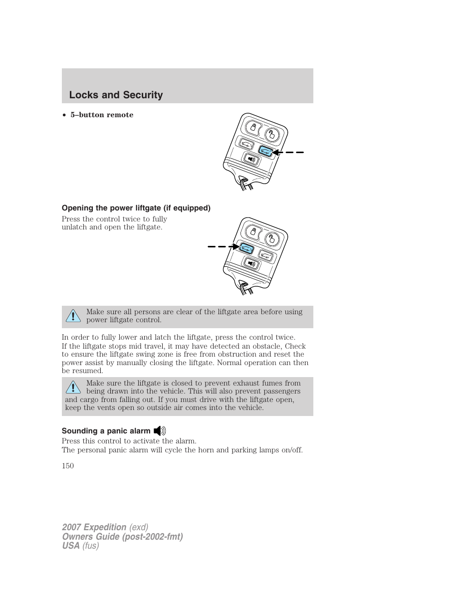 Opening the power liftgate (if equipped), Sounding a panic alarm, Locks and security | FORD 2007 Expedition v.3 User Manual | Page 150 / 376