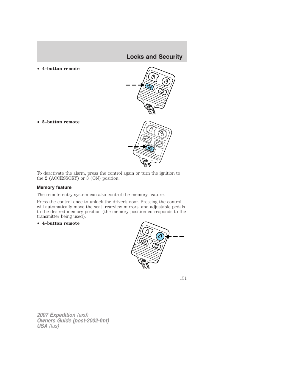 Memory feature, Locks and security | FORD 2007 Expedition v.3 User Manual | Page 151 / 376