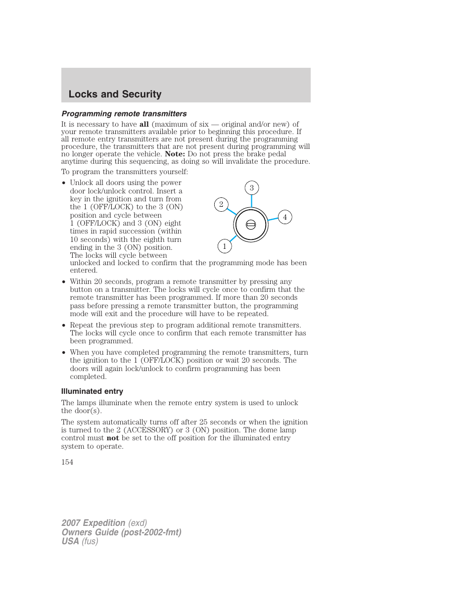 Programming remote transmitters, Illuminated entry, Locks and security | FORD 2007 Expedition v.3 User Manual | Page 154 / 376