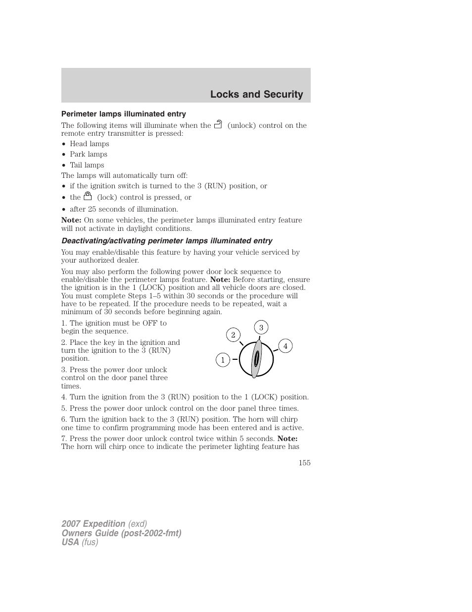 Perimeter lamps illuminated entry, Locks and security | FORD 2007 Expedition v.3 User Manual | Page 155 / 376