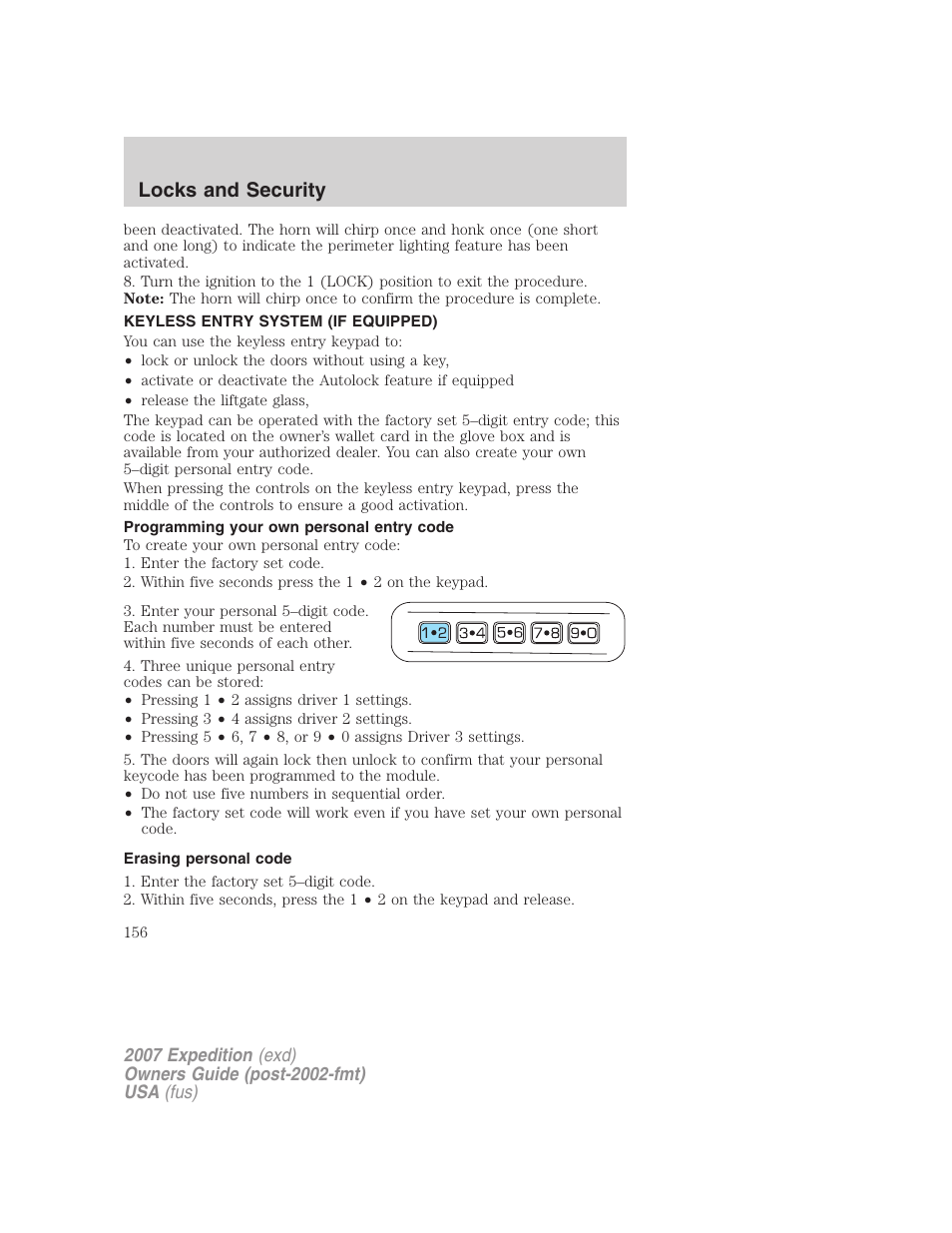 Keyless entry system (if equipped), Programming your own personal entry code, Erasing personal code | Locks and security | FORD 2007 Expedition v.3 User Manual | Page 156 / 376