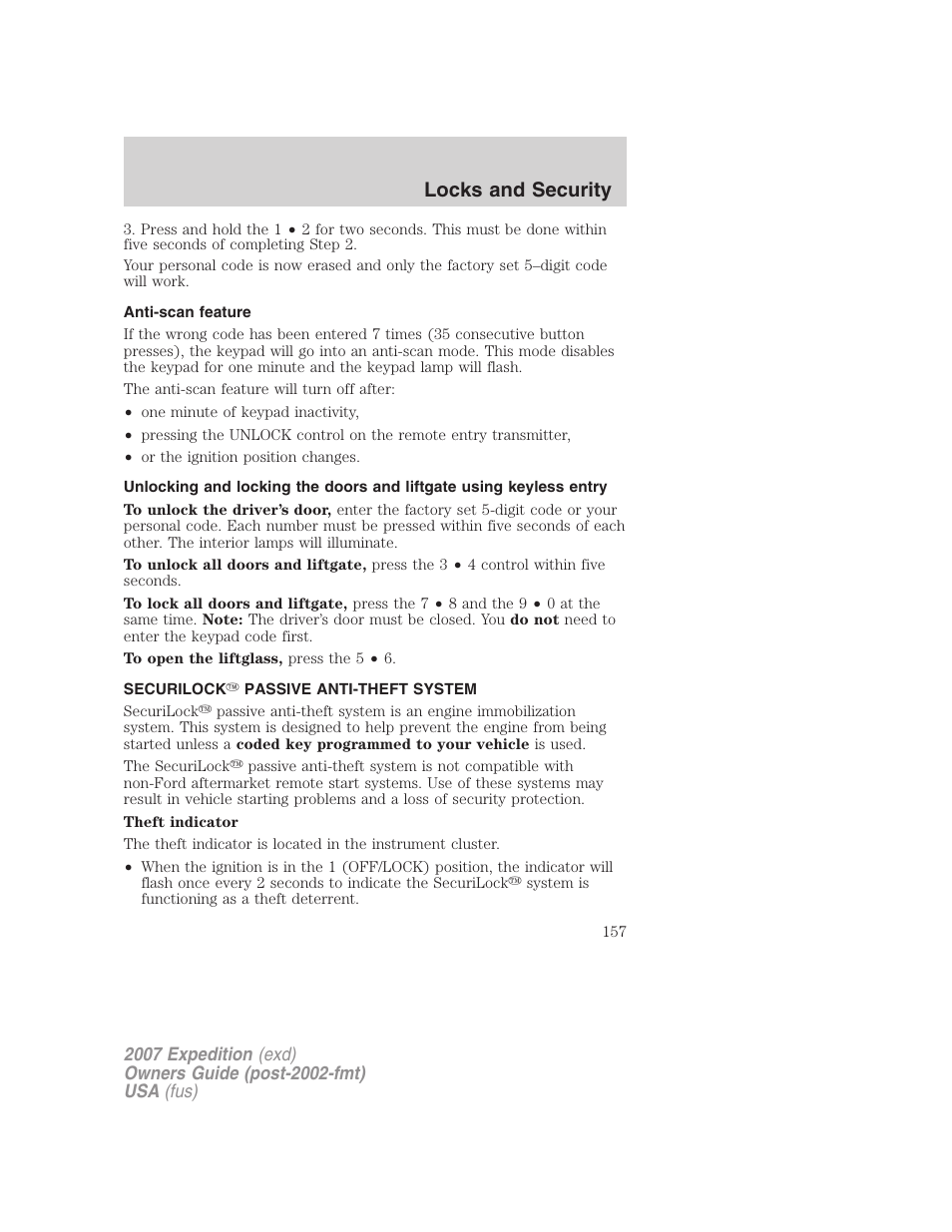 Anti-scan feature, Securilock passive anti-theft system, Locks and security | FORD 2007 Expedition v.3 User Manual | Page 157 / 376