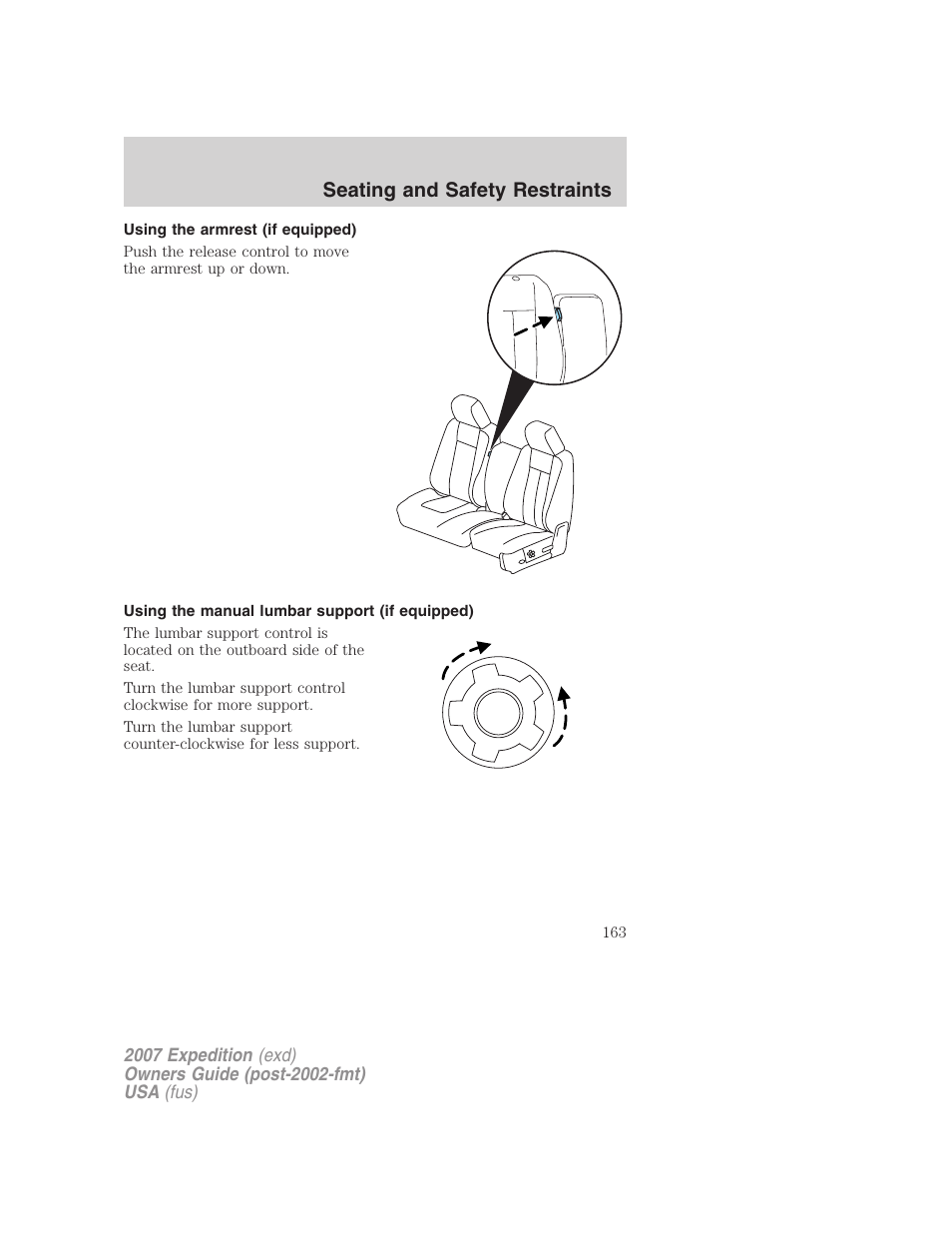 Using the armrest (if equipped), Using the manual lumbar support (if equipped), Seating and safety restraints | FORD 2007 Expedition v.3 User Manual | Page 163 / 376