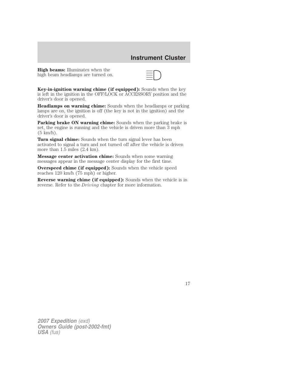 Instrument cluster | FORD 2007 Expedition v.3 User Manual | Page 17 / 376