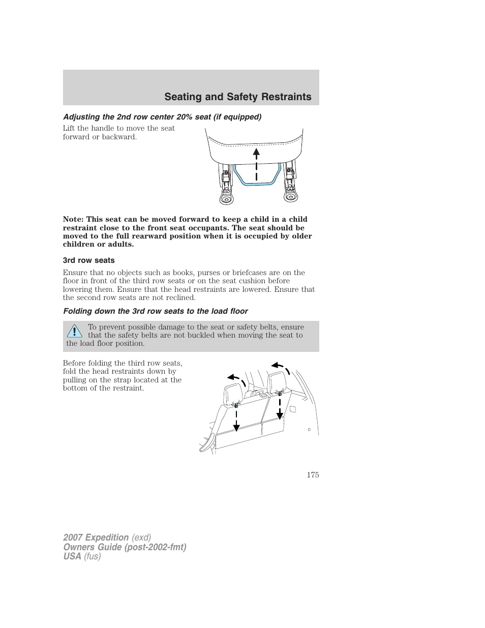 3rd row seats, Folding down the 3rd row seats to the load floor, Seating and safety restraints | FORD 2007 Expedition v.3 User Manual | Page 175 / 376