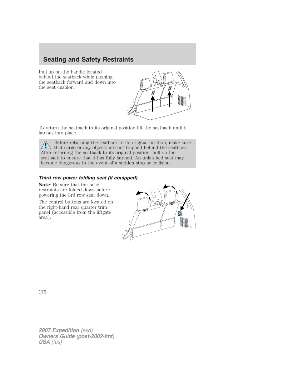 Third row power folding seat (if equipped), Seating and safety restraints | FORD 2007 Expedition v.3 User Manual | Page 176 / 376