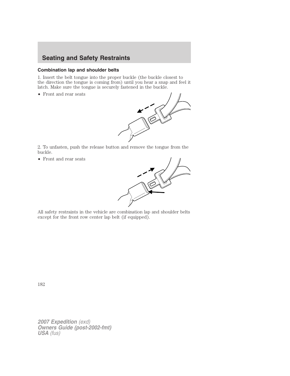 Combination lap and shoulder belts, Seating and safety restraints | FORD 2007 Expedition v.3 User Manual | Page 182 / 376