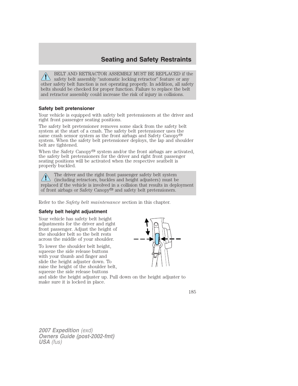 Safety belt pretensioner, Safety belt height adjustment, Seating and safety restraints | FORD 2007 Expedition v.3 User Manual | Page 185 / 376