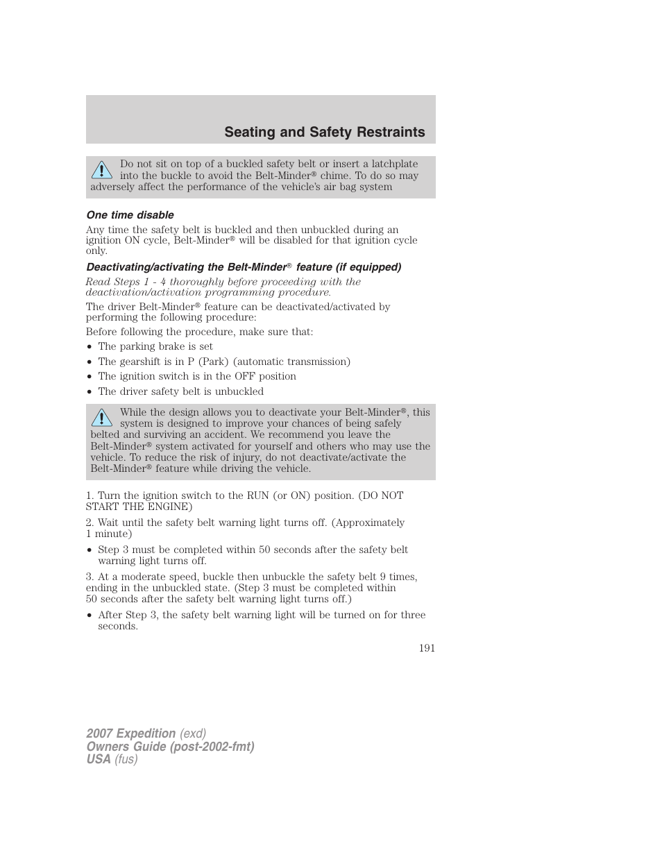 One time disable, Seating and safety restraints | FORD 2007 Expedition v.3 User Manual | Page 191 / 376