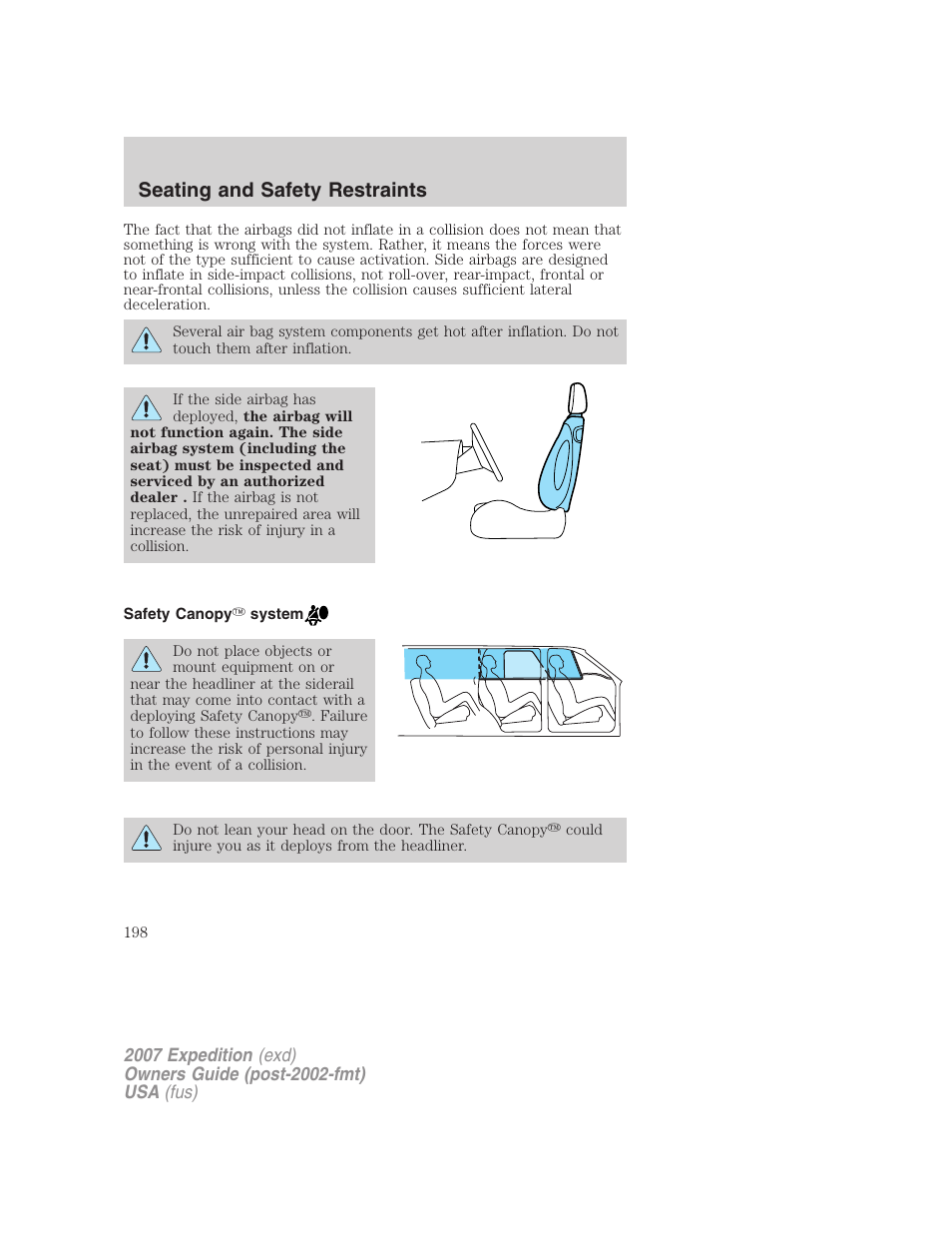 Safety canopy system, Seating and safety restraints | FORD 2007 Expedition v.3 User Manual | Page 198 / 376