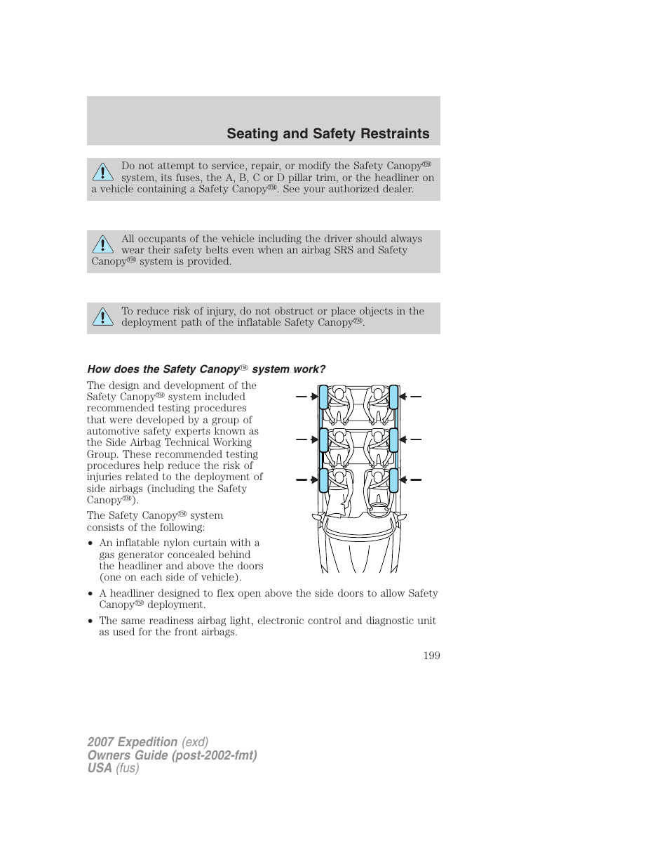 How does the safety canopy system work, Seating and safety restraints | FORD 2007 Expedition v.3 User Manual | Page 199 / 376
