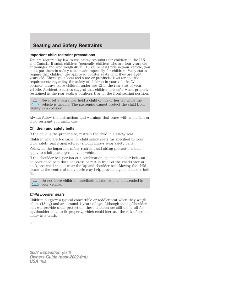 Important child restraint precautions, Children and safety belts, Child booster seats | Seating and safety restraints | FORD 2007 Expedition v.3 User Manual | Page 202 / 376