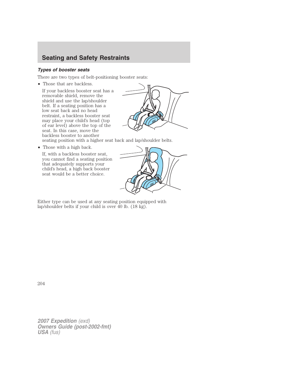 Types of booster seats, Seating and safety restraints | FORD 2007 Expedition v.3 User Manual | Page 204 / 376