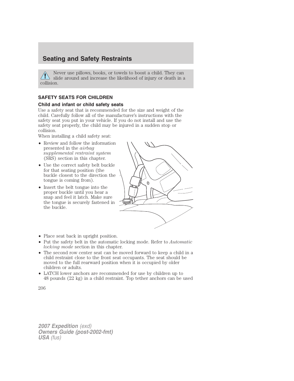Safety seats for children, Child and infant or child safety seats, Seating and safety restraints | FORD 2007 Expedition v.3 User Manual | Page 206 / 376