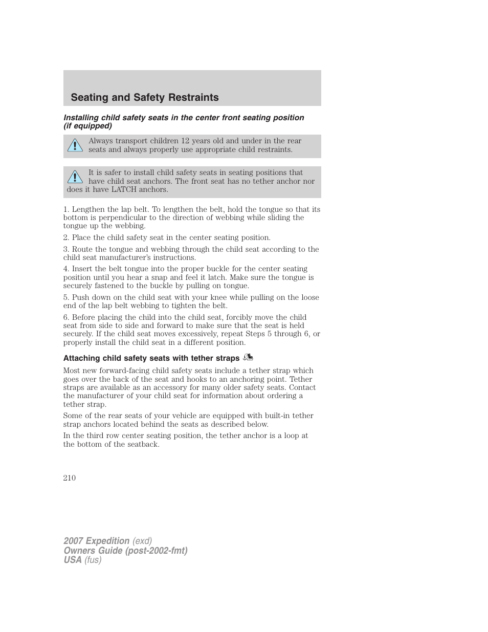 Attaching child safety seats with tether straps, Seating and safety restraints | FORD 2007 Expedition v.3 User Manual | Page 210 / 376