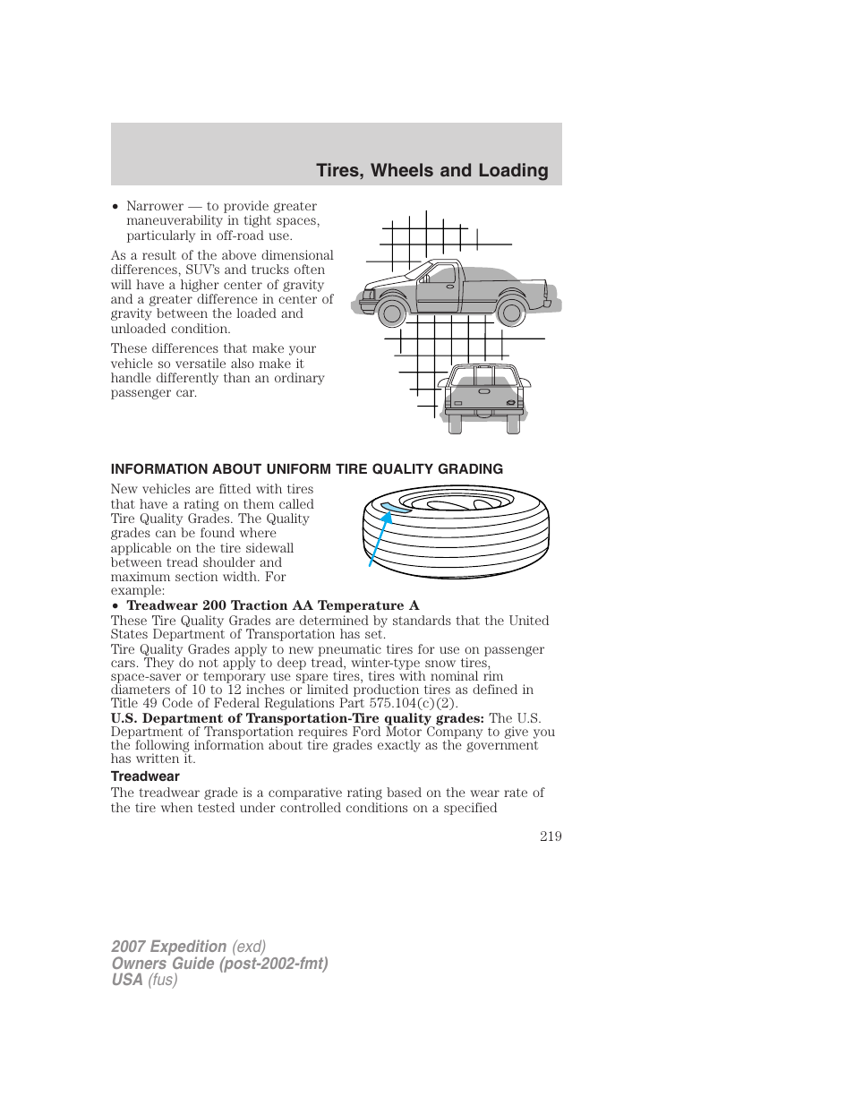 Information about uniform tire quality grading, Treadwear, Tire information | Tires, wheels and loading | FORD 2007 Expedition v.3 User Manual | Page 219 / 376