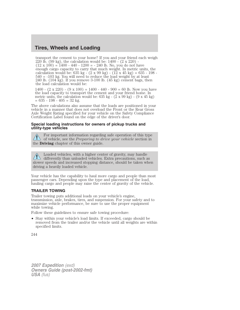 Trailer towing, Tires, wheels and loading | FORD 2007 Expedition v.3 User Manual | Page 244 / 376