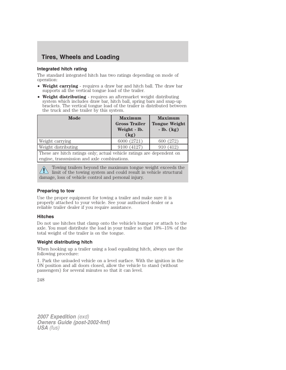 Integrated hitch rating, Preparing to tow, Hitches | Weight distributing hitch, Tires, wheels and loading | FORD 2007 Expedition v.3 User Manual | Page 248 / 376