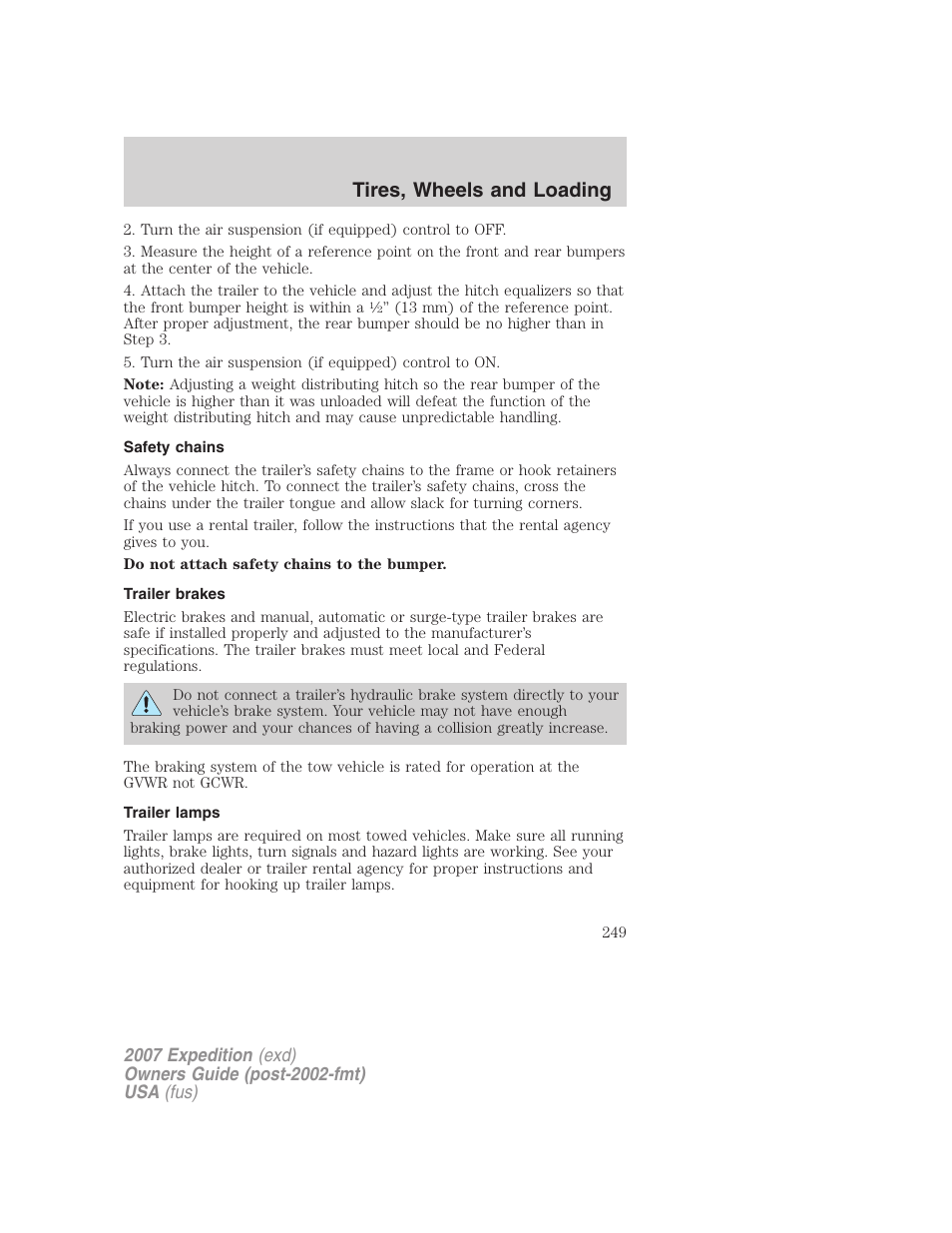 Safety chains, Trailer brakes, Trailer lamps | Tires, wheels and loading | FORD 2007 Expedition v.3 User Manual | Page 249 / 376