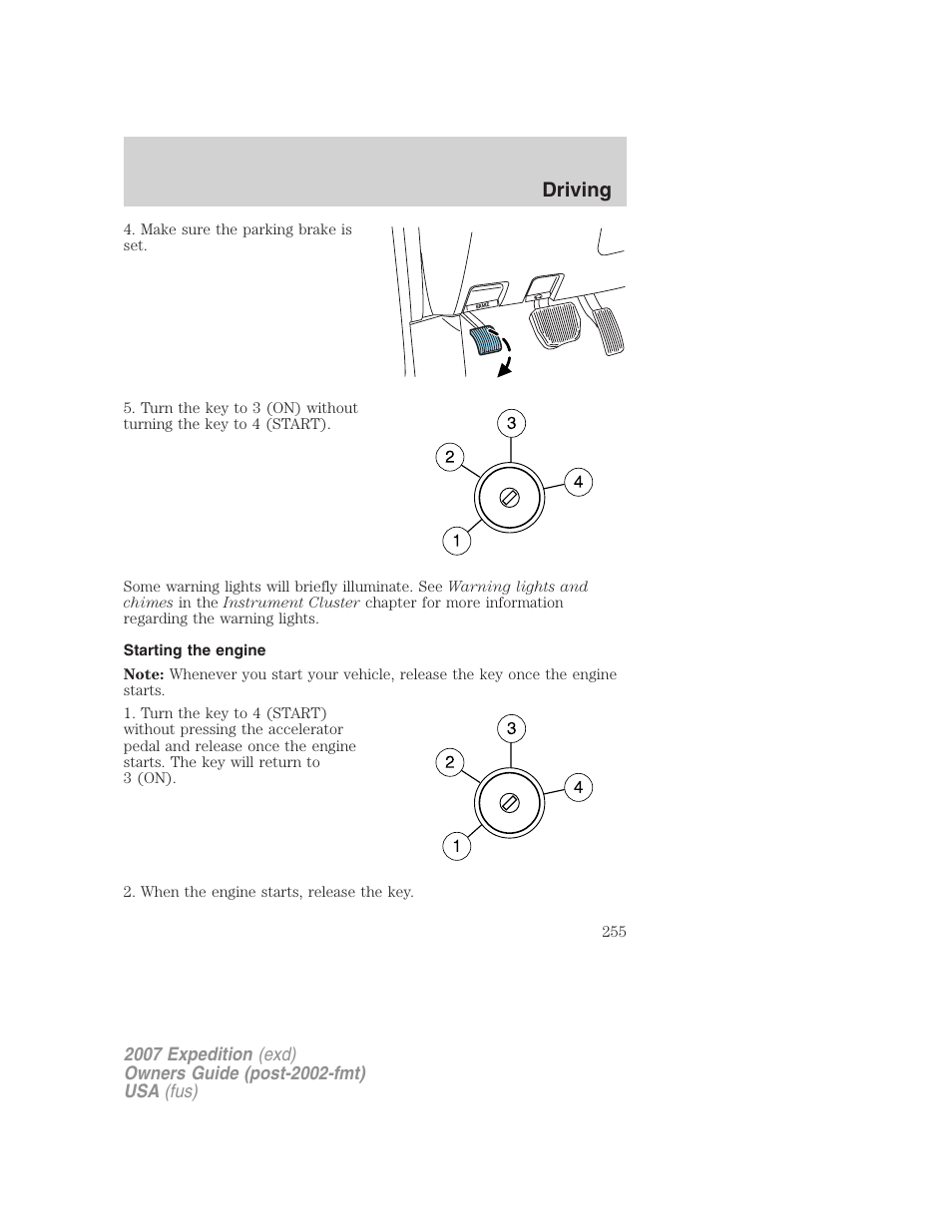 Starting the engine, Driving | FORD 2007 Expedition v.3 User Manual | Page 255 / 376