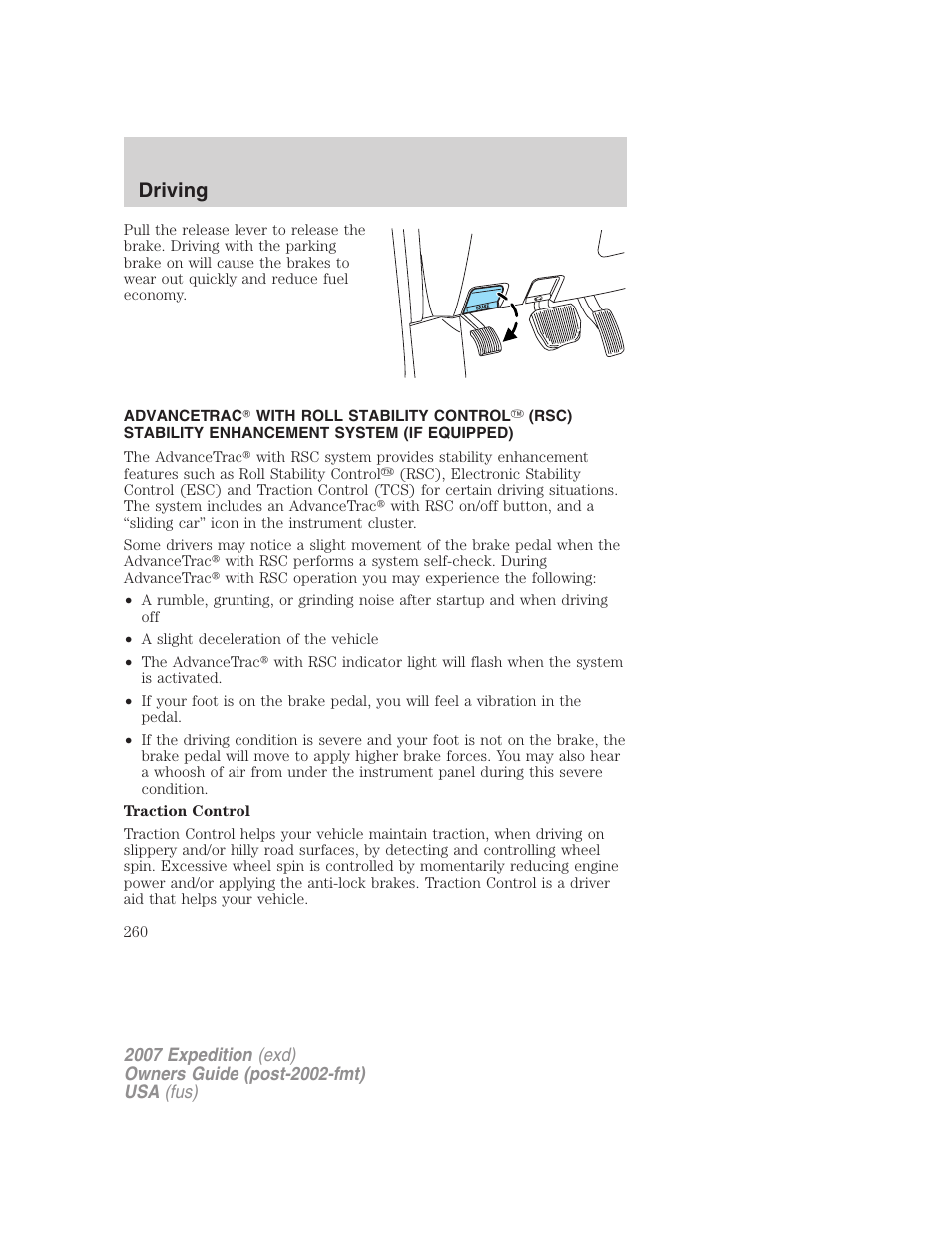 Traction control™/advancetrac, Driving | FORD 2007 Expedition v.3 User Manual | Page 260 / 376