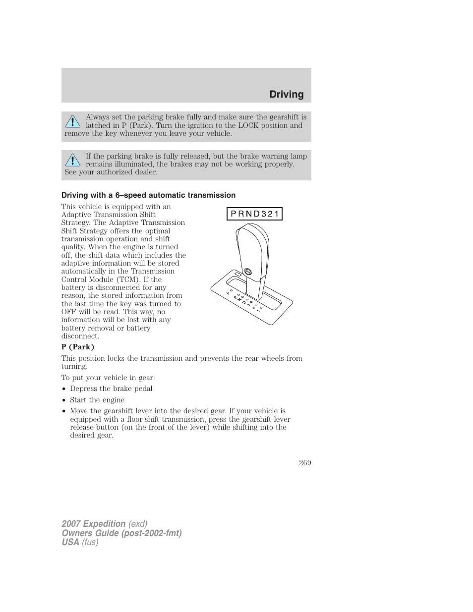 Driving with a 6–speed automatic transmission, Driving | FORD 2007 Expedition v.3 User Manual | Page 269 / 376