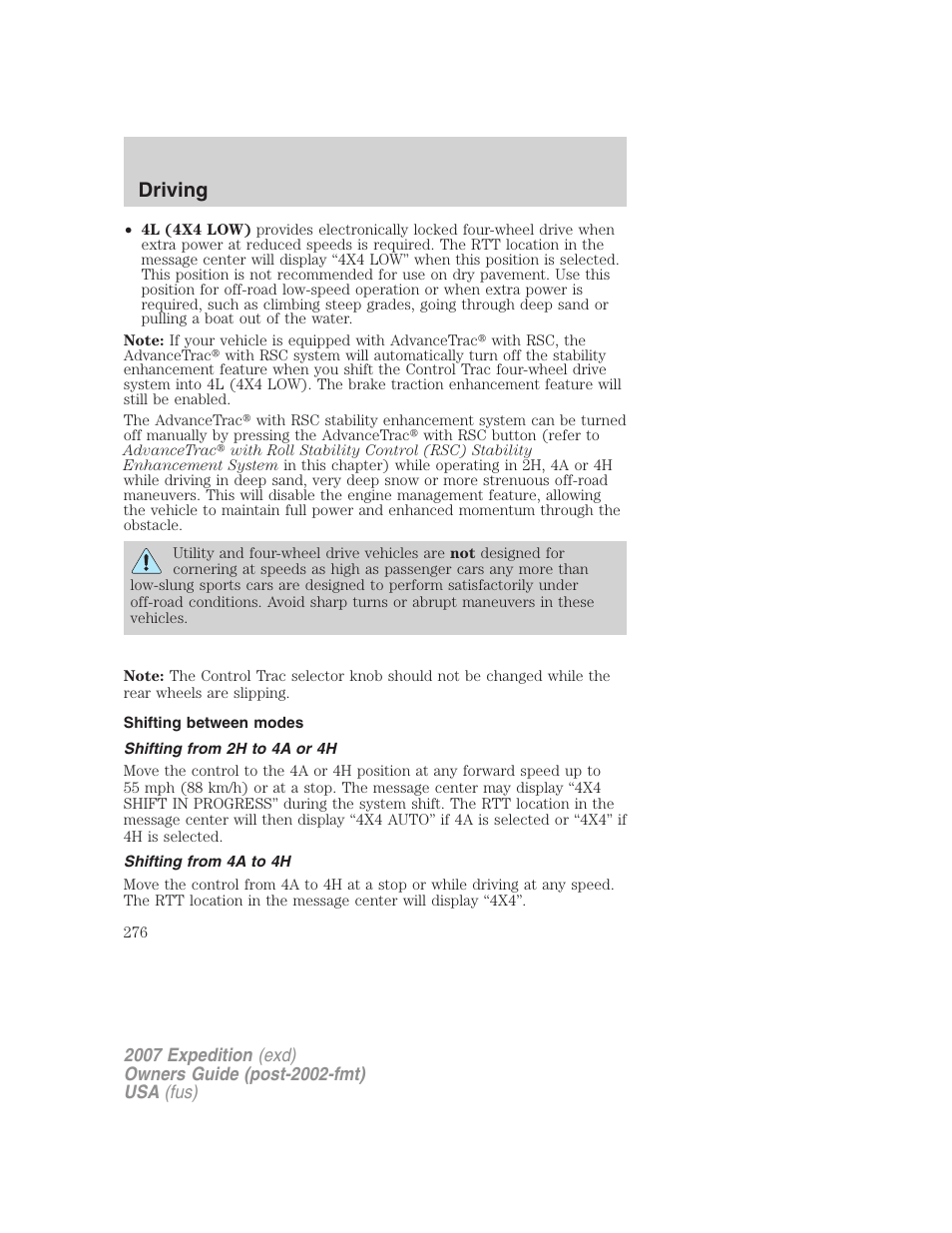 Shifting between modes, Shifting from 2h to 4a or 4h, Shifting from 4a to 4h | Driving | FORD 2007 Expedition v.3 User Manual | Page 276 / 376