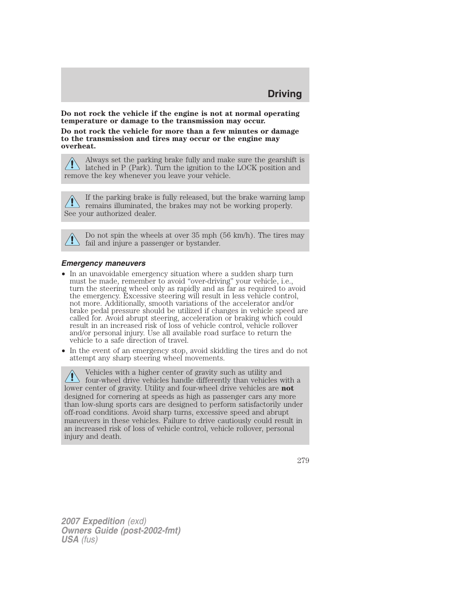 Emergency maneuvers, Driving | FORD 2007 Expedition v.3 User Manual | Page 279 / 376