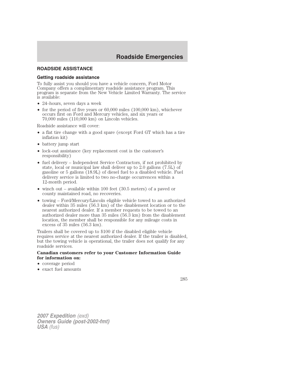 Roadside emergencies, Roadside assistance, Getting roadside assistance | FORD 2007 Expedition v.3 User Manual | Page 285 / 376