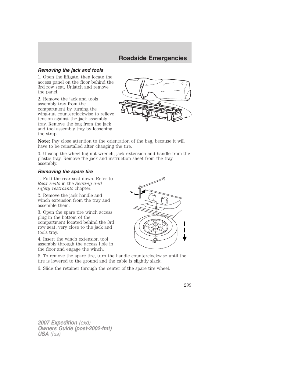 Removing the jack and tools, Removing the spare tire, Roadside emergencies | FORD 2007 Expedition v.3 User Manual | Page 299 / 376