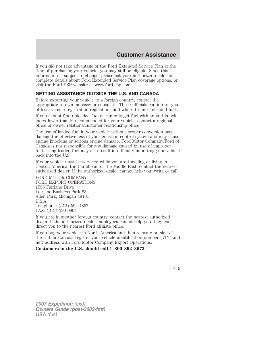 Getting assistance outside the u.s. and canada, Customer assistance | FORD 2007 Expedition v.3 User Manual | Page 319 / 376
