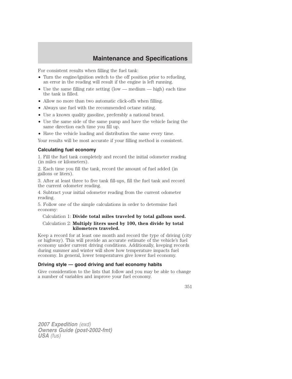 Calculating fuel economy, Maintenance and specifications | FORD 2007 Expedition v.3 User Manual | Page 351 / 376