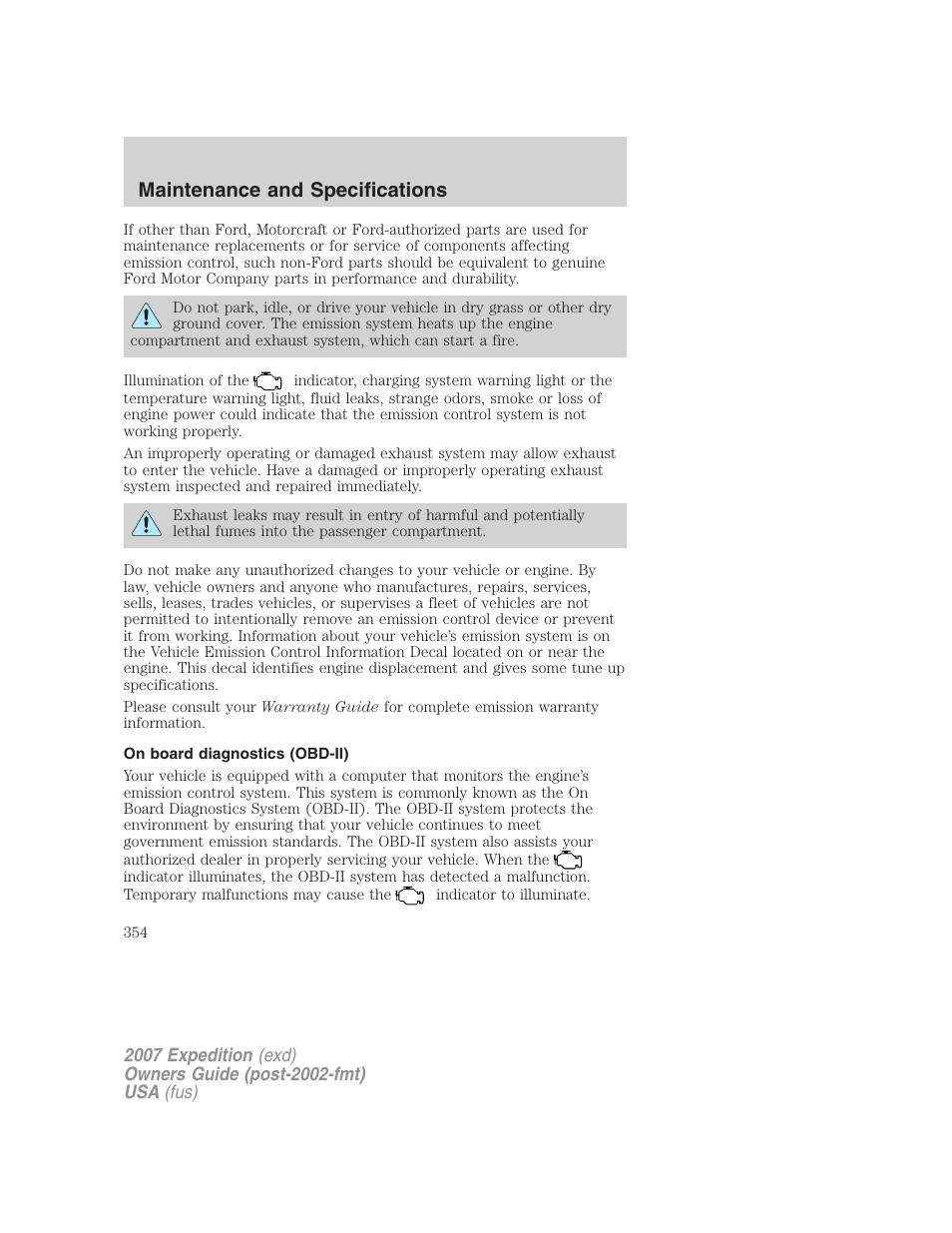 On board diagnostics (obd-ii), Maintenance and specifications | FORD 2007 Expedition v.3 User Manual | Page 354 / 376