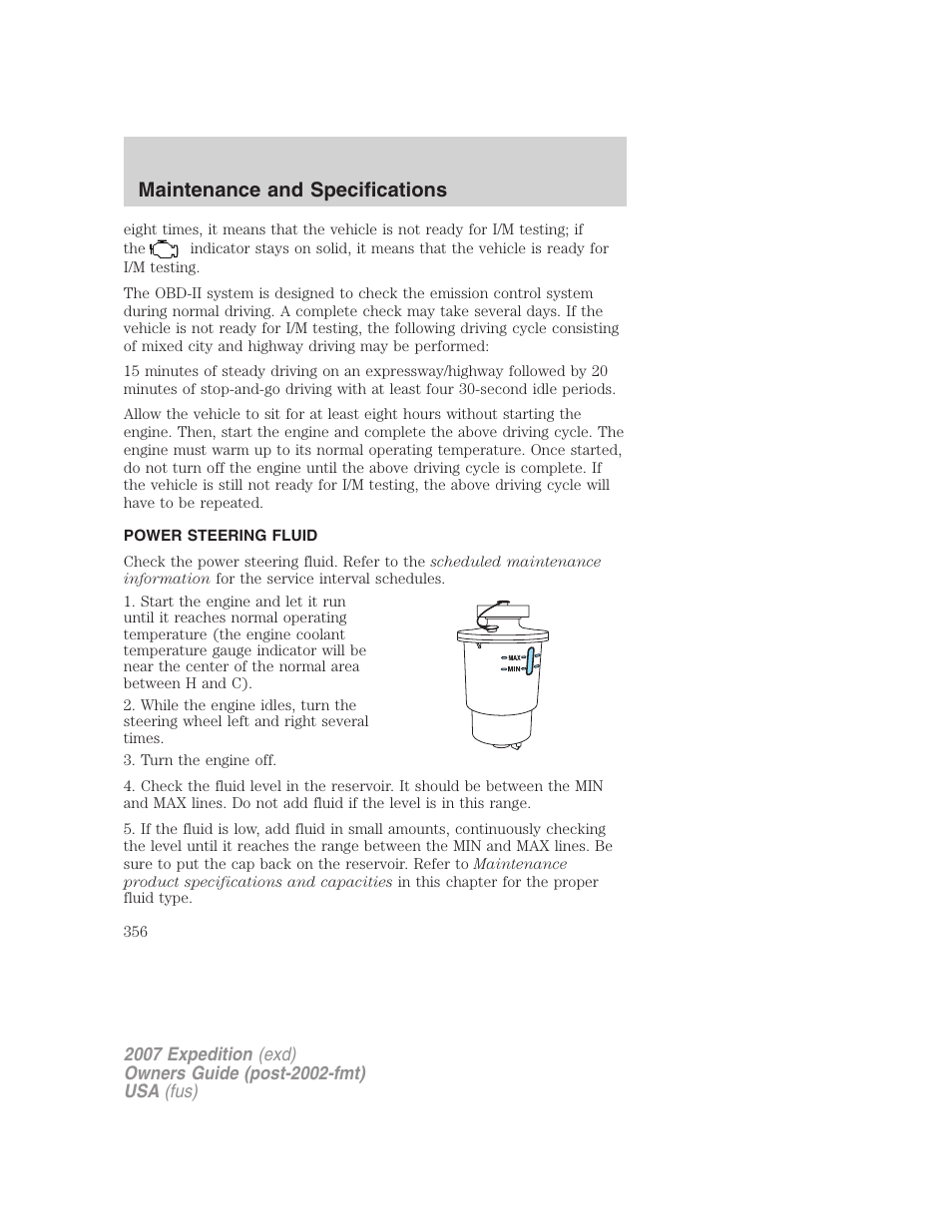 Power steering fluid, Maintenance and specifications | FORD 2007 Expedition v.3 User Manual | Page 356 / 376