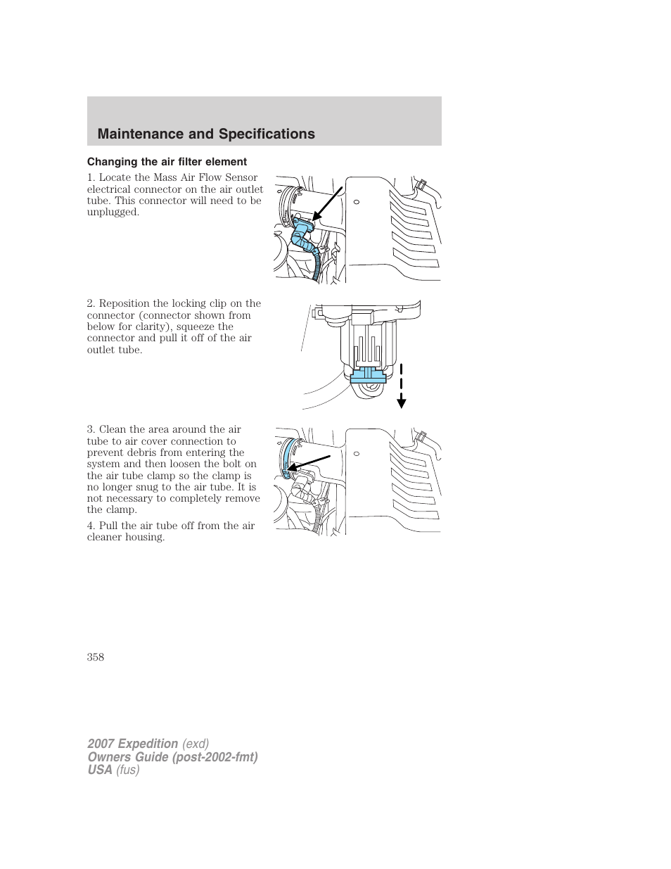 Changing the air filter element, Maintenance and specifications | FORD 2007 Expedition v.3 User Manual | Page 358 / 376